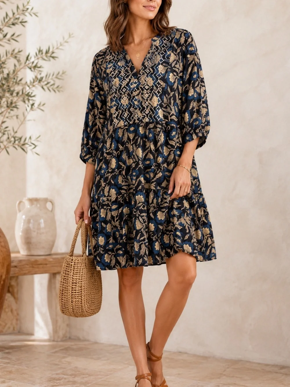 Maison 123 Paris Floral Cotton Embroidered Tiered Dress Blue Beige Size US 12